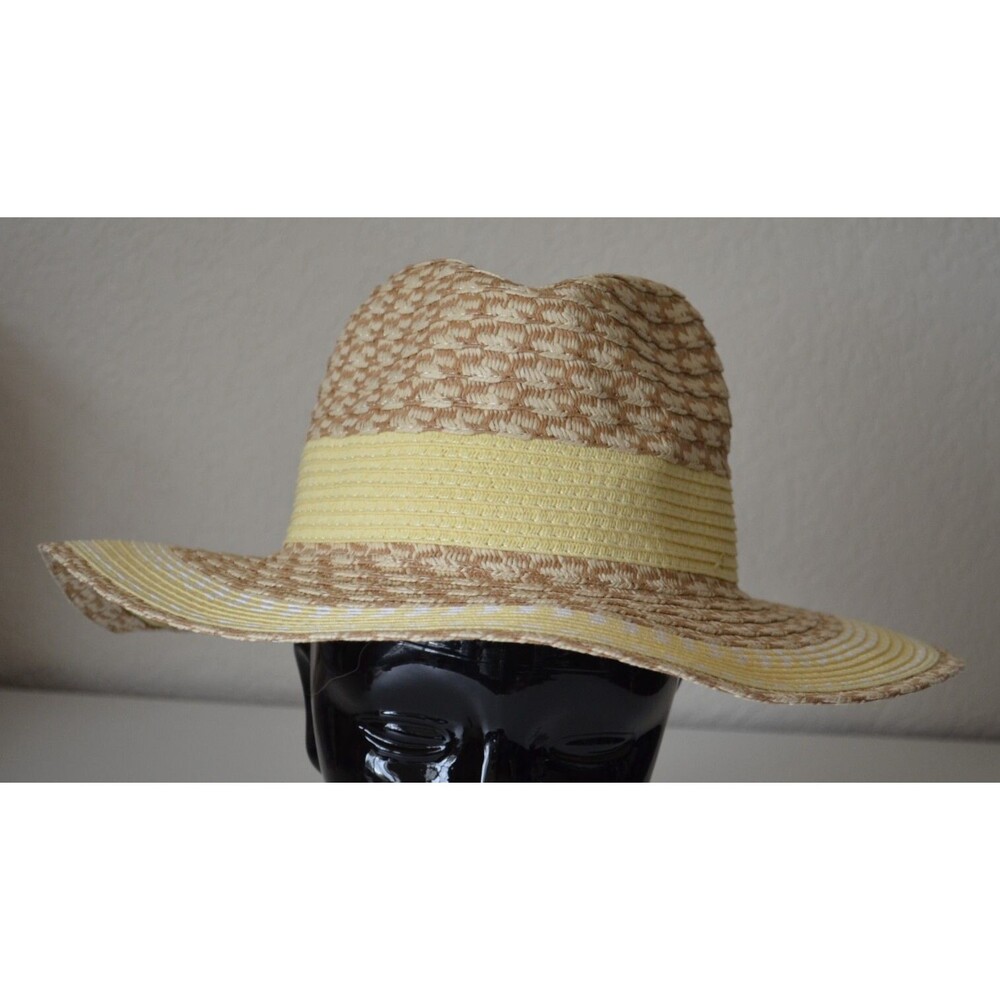 David & Young Packable Paper Blend Woven Hat Fedora Wide Brim Yellow Band OSFM
